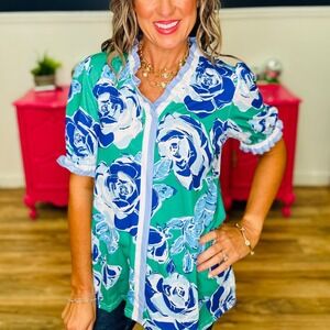 NWT Southern Stitch Green Blue Floral Ruffle Collar Puff Sleeve Blouse Sz 2X Top